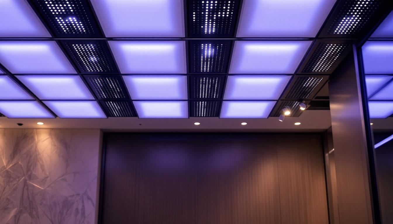 A photograph of a modern dropped ceiling featuring integrated led lighting