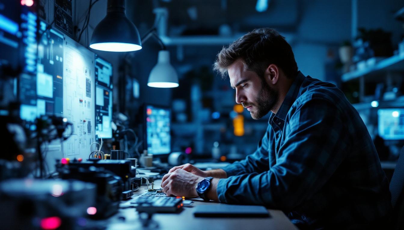 A photograph of a focused electrical engineer in a modern workspace