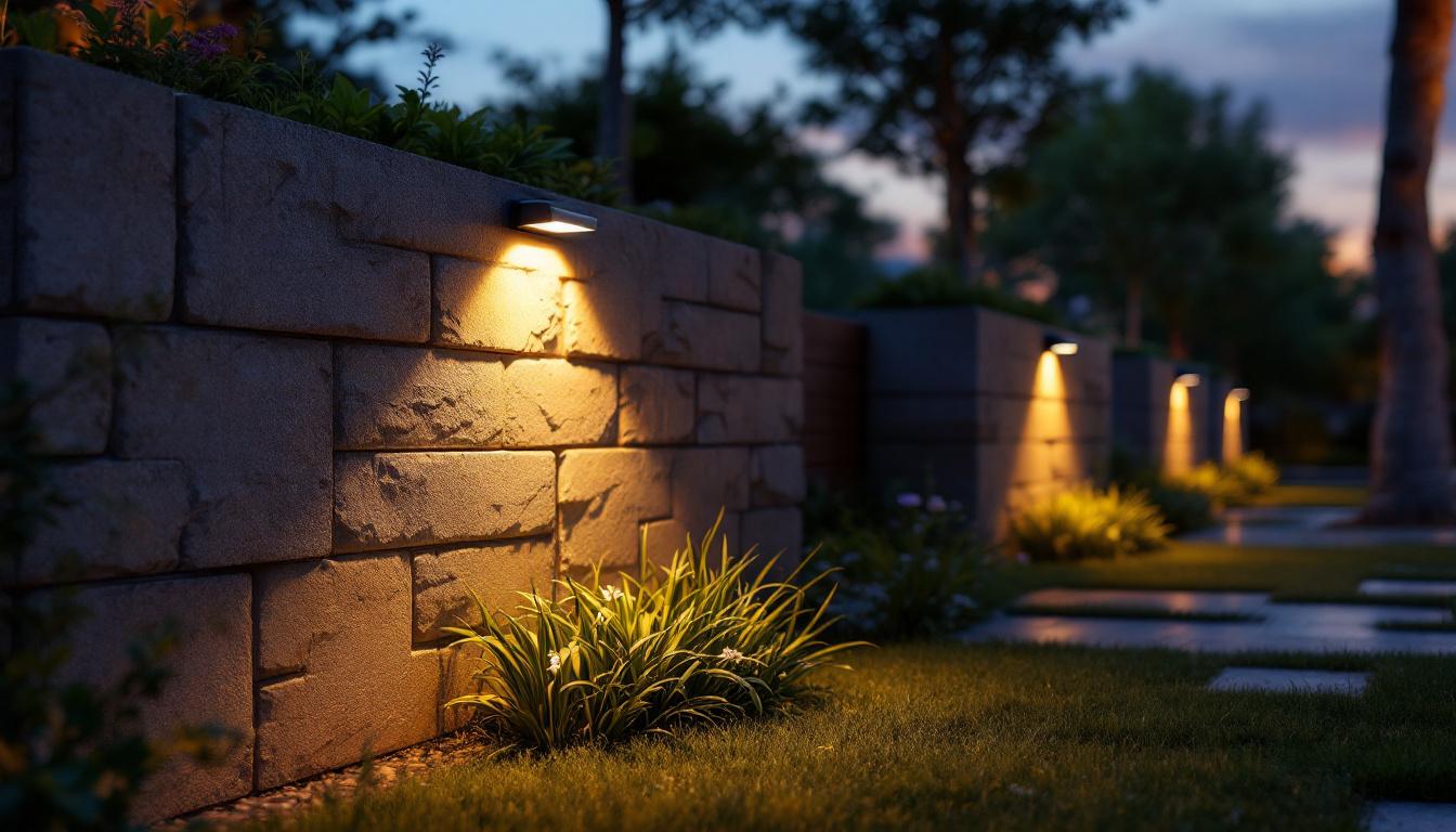 A photograph of a beautifully designed solar light wall in a serene outdoor setting during twilight