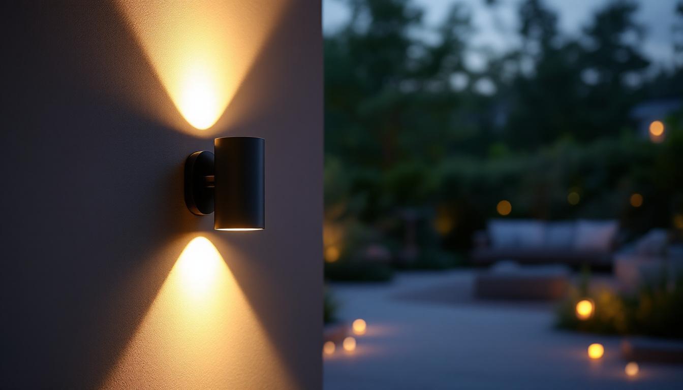 A photograph of a stylish wall mount outdoor lighting fixture illuminated at dusk