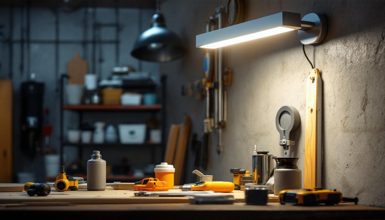 A photograph of a well-lit workshop or garage featuring a wall-mounted led shop light