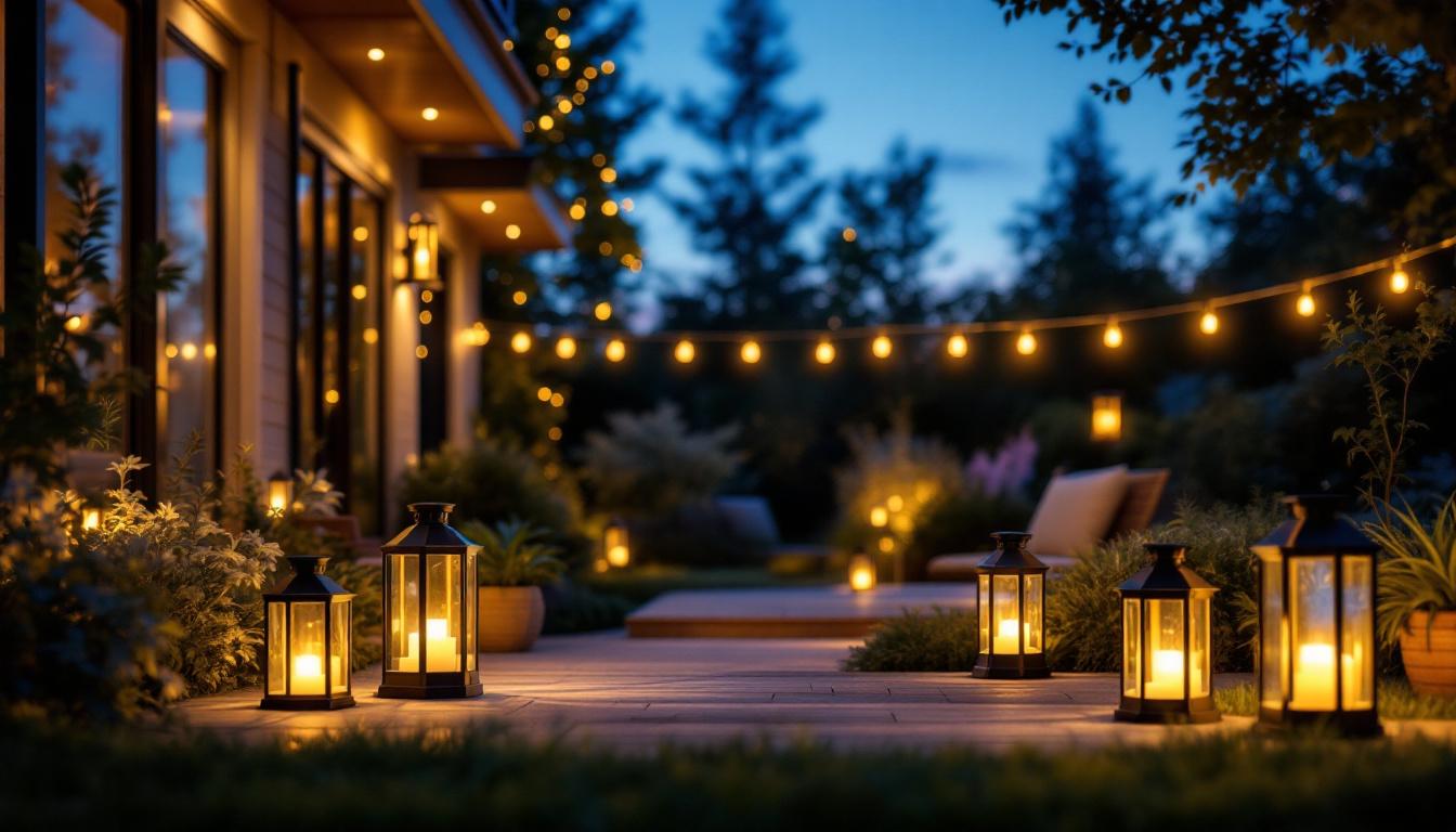A photograph of a beautifully illuminated outdoor space featuring various styles of lantern solar lights at dusk