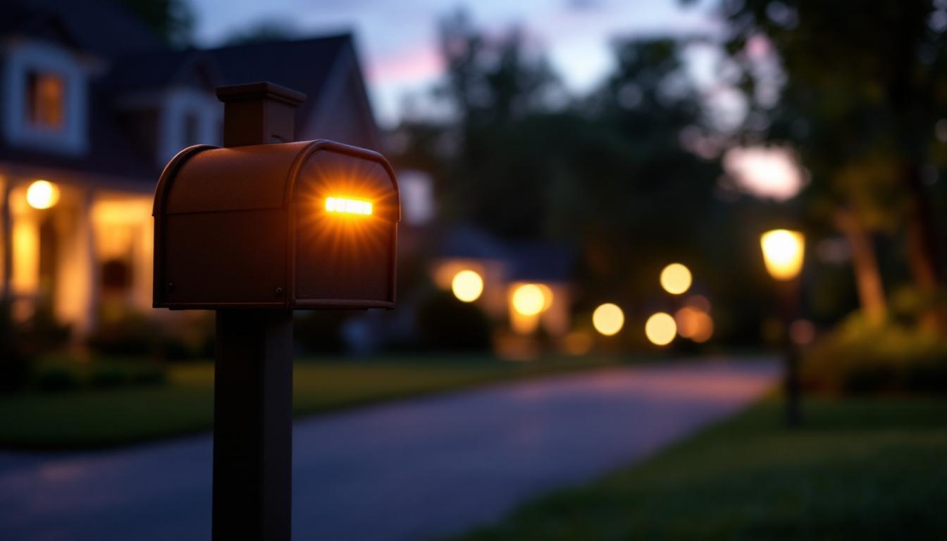 A photograph of a beautifully illuminated led mailbox at dusk