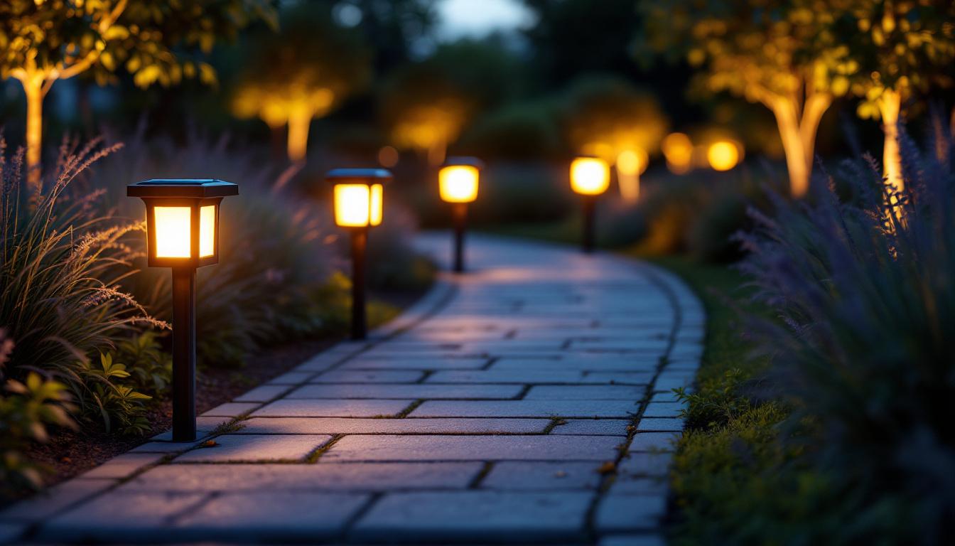 A photograph of a beautifully lit outdoor pathway featuring square solar path lights