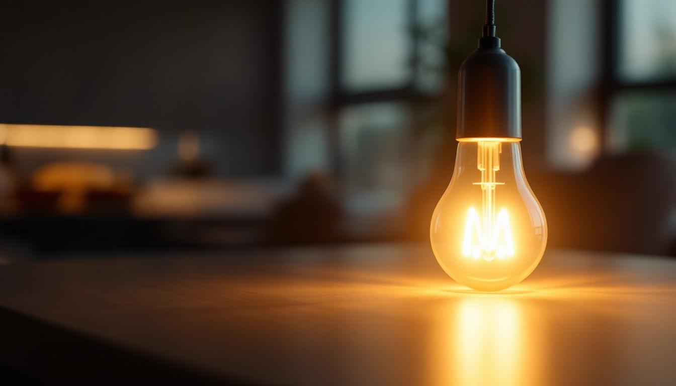 A photograph of a sleek halogen t type bulb illuminated in a modern setting