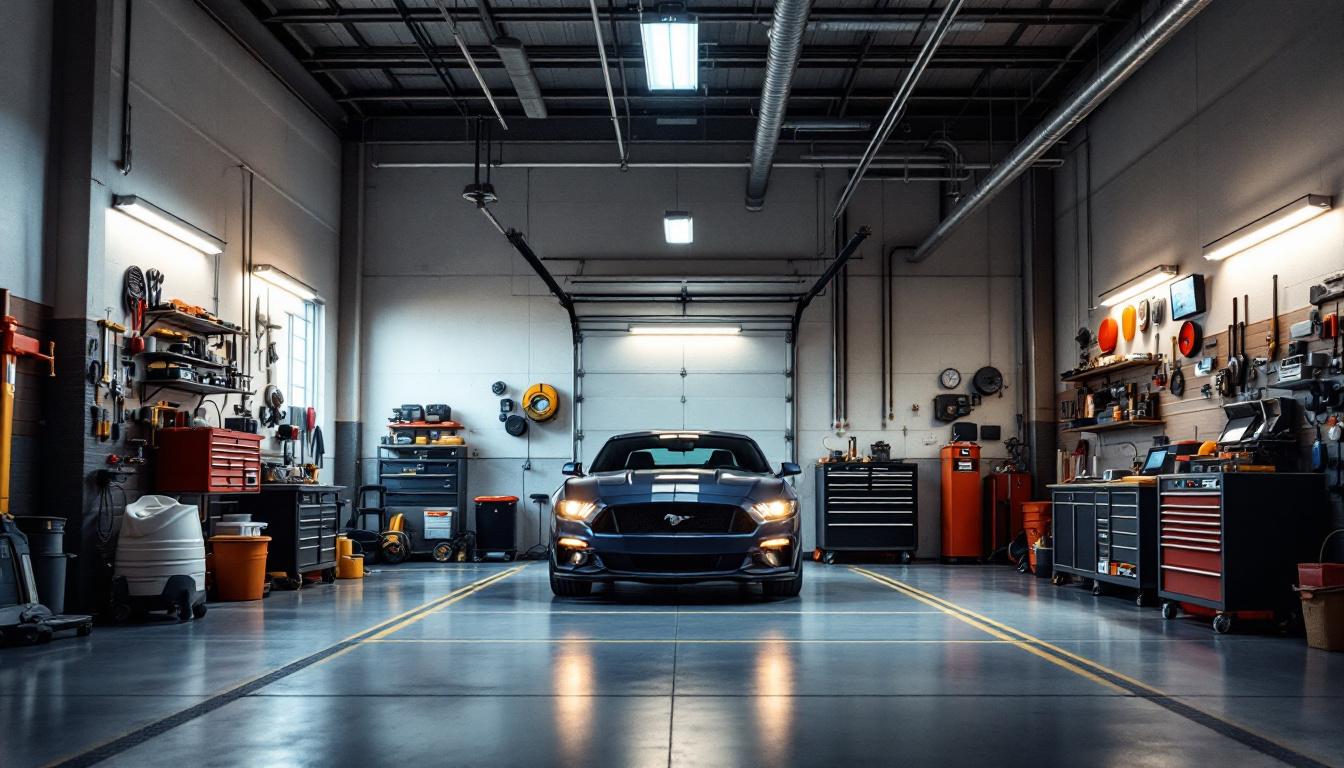 A photograph of a well-lit garage interior showcasing various overhead lighting options