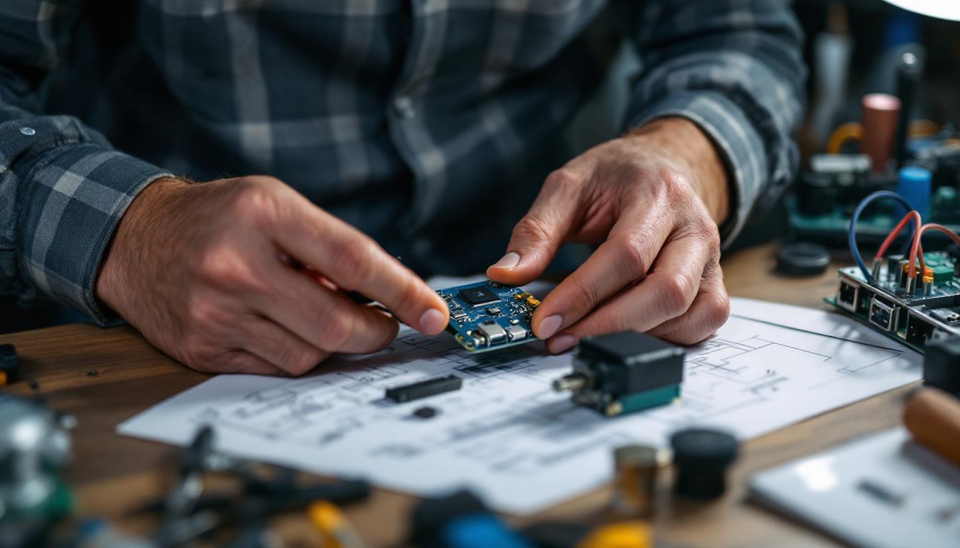 A photograph of a skilled electrical engineer working with a socket t5 component on a workbench
