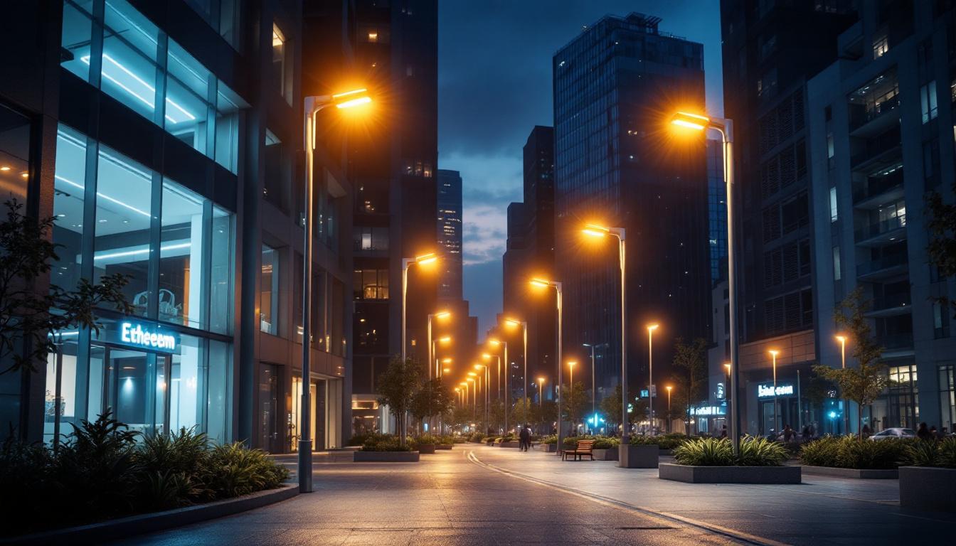 A photograph of a modern urban environment illuminated by ethereum-powered lighting solutions