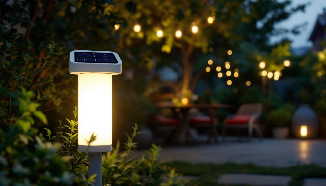 A photograph of a beautifully designed solar battery outdoor light illuminating a garden or patio setting at dusk