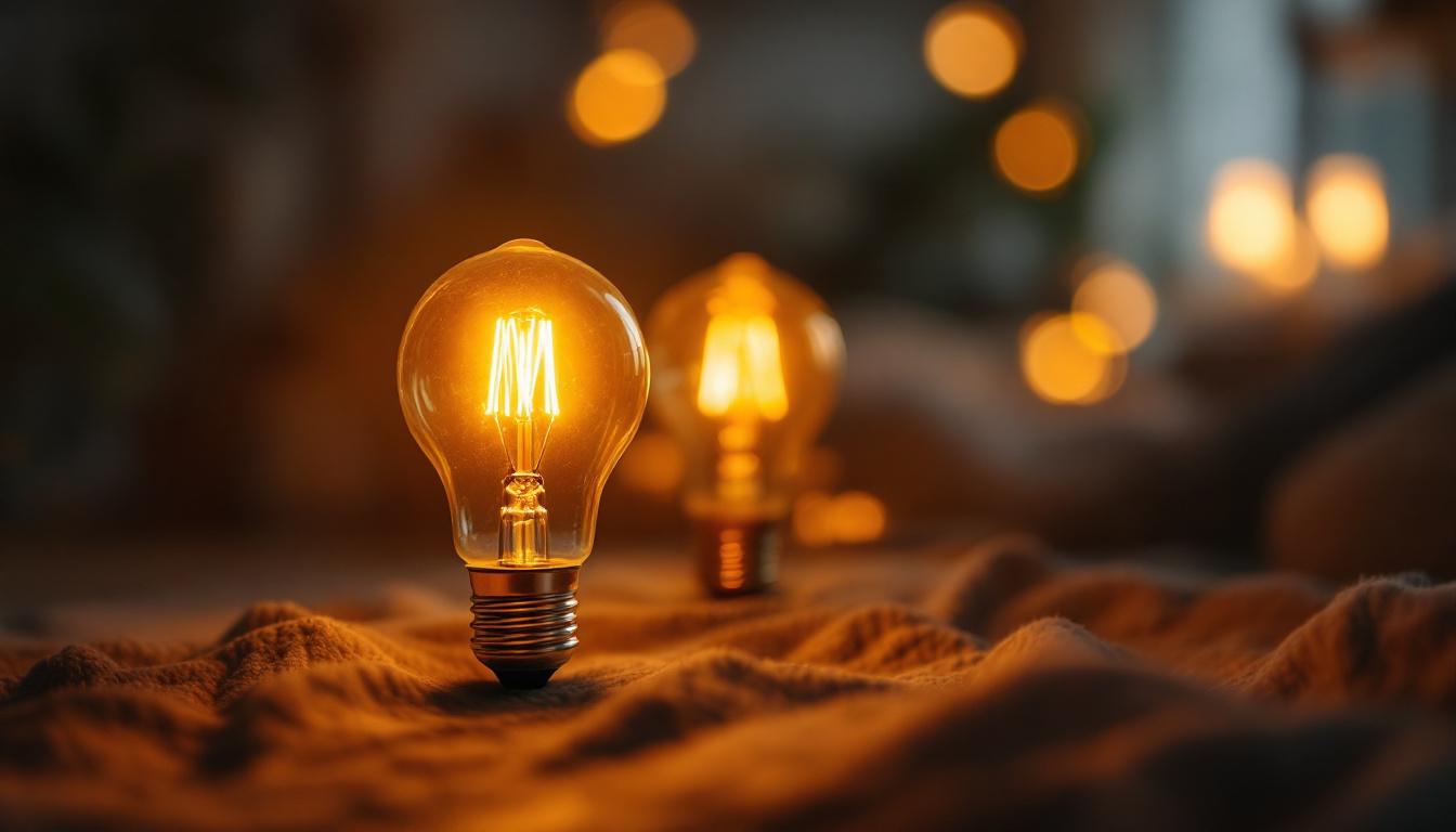 A photograph of a 120 volt type t bulb illuminated in a cozy