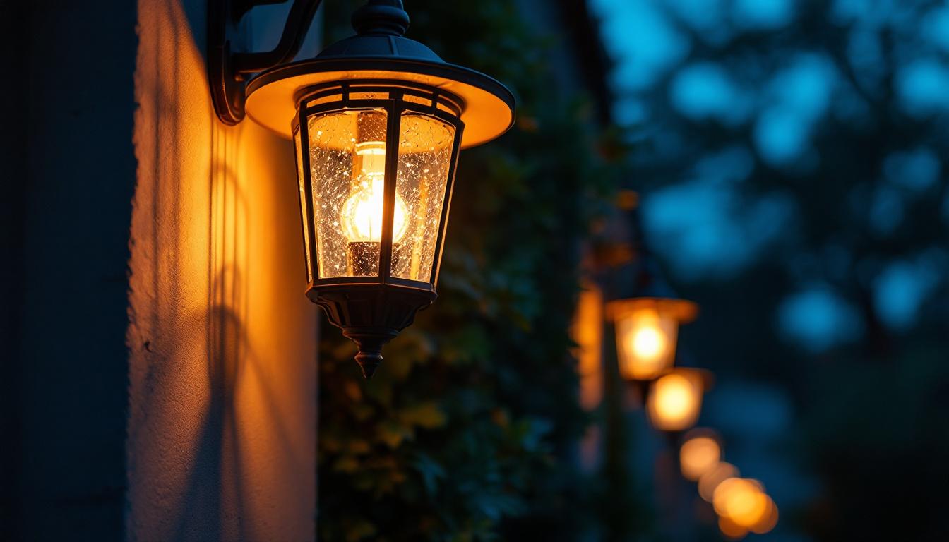A photograph of a beautifully designed exterior lamp holder illuminated at dusk