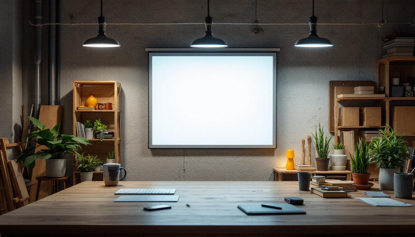 A photograph of a well-lit workspace showcasing a 2x4 led panel light installed in a modern office or workshop setting