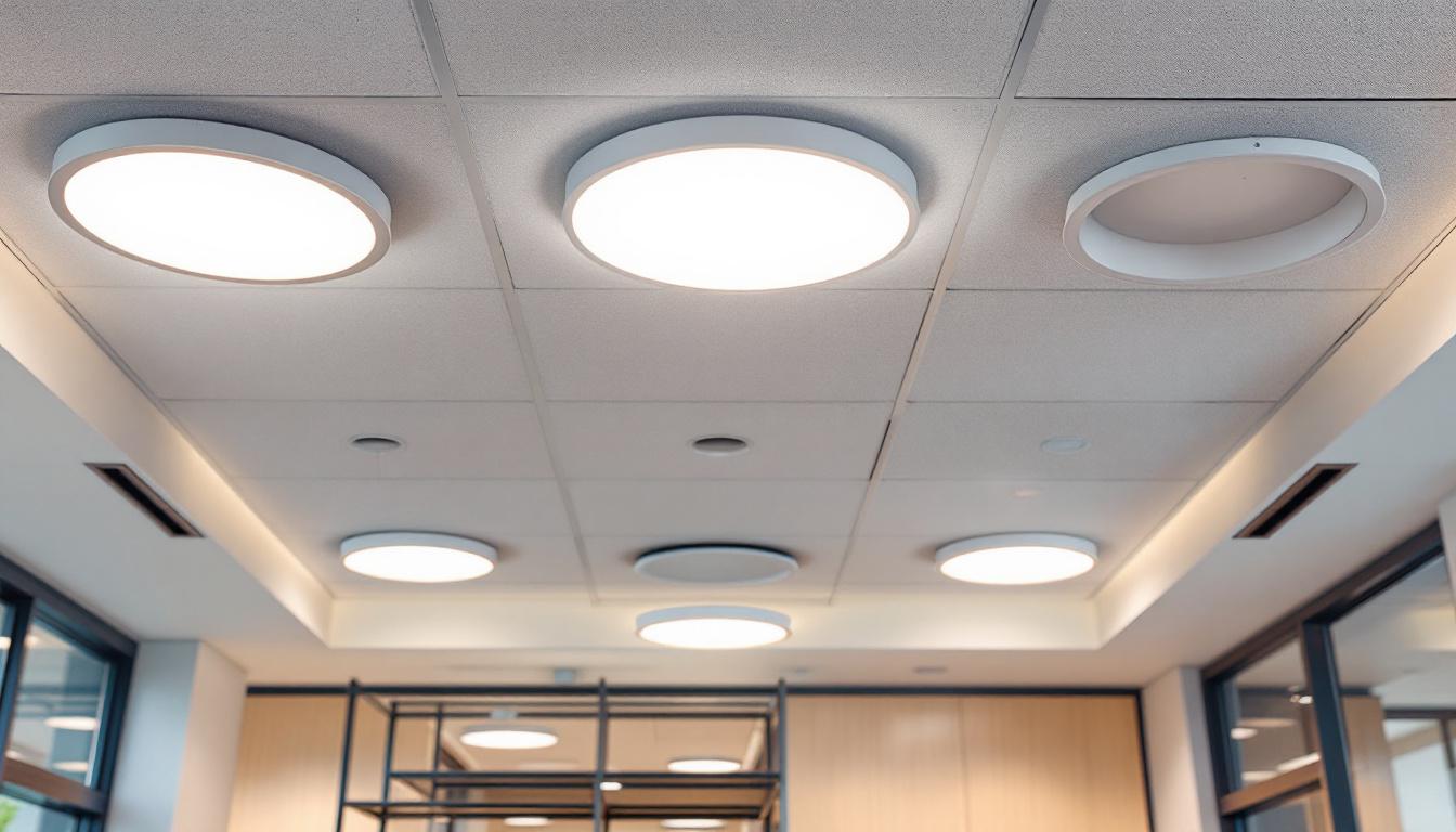 A photograph of a well-lit drop ceiling installation showcasing various drop-in light fixtures
