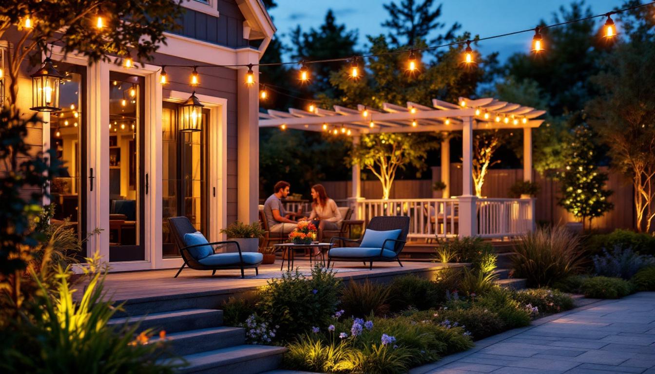 A photograph of a beautifully illuminated outdoor space showcasing various styles of exterior lighting fixtures made in the usa