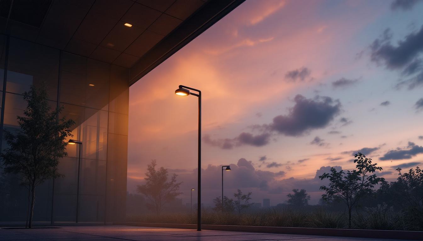 A photograph of a large-scale outdoor lighting installation at dusk