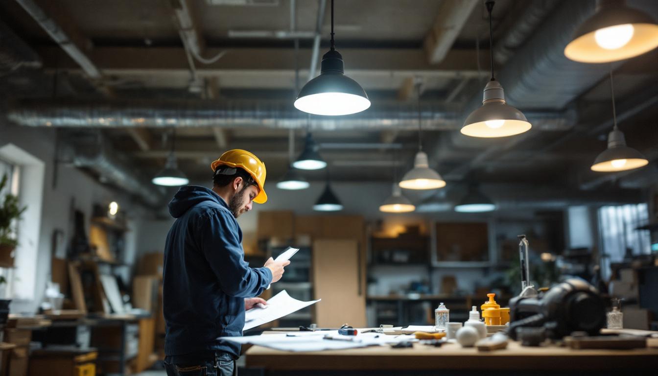 A photograph of a well-lit workspace featuring a variety of 6-inch canned lights installed in a ceiling
