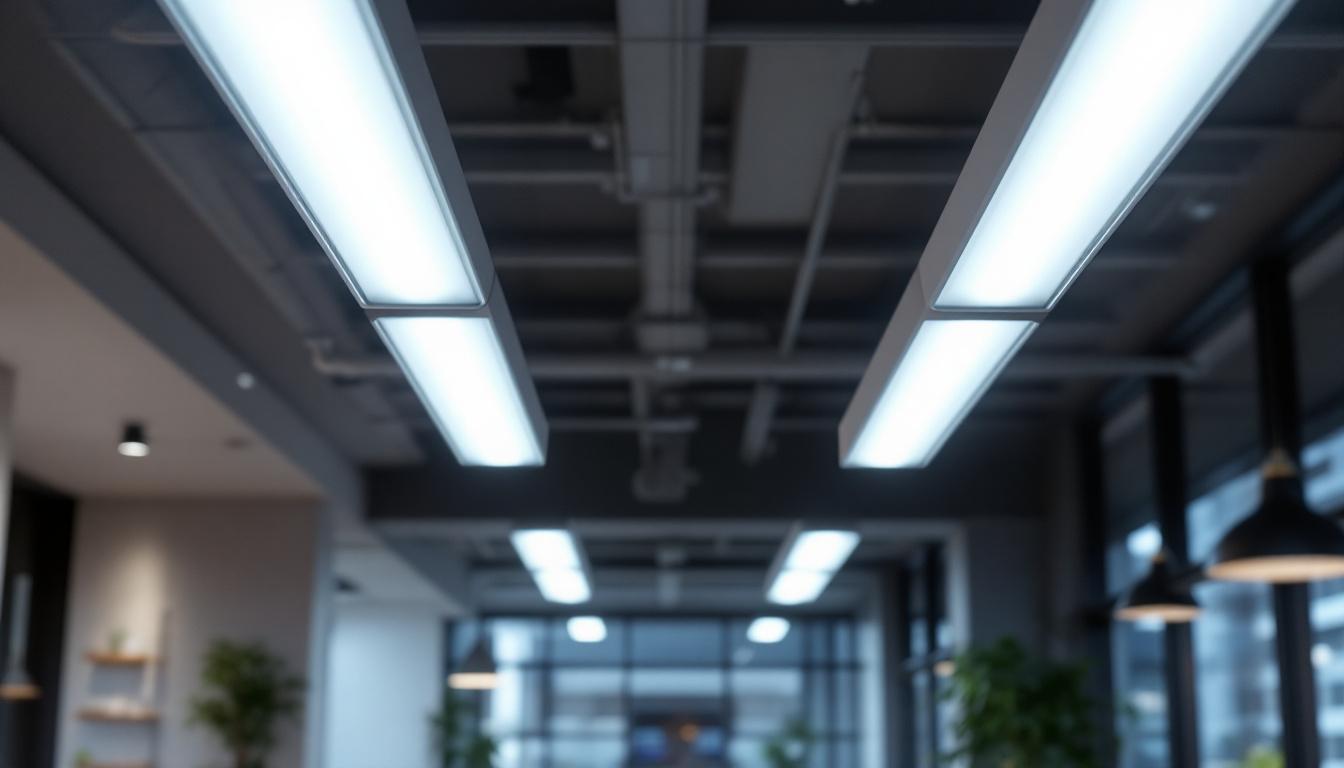 A photograph of a modern recessed fluorescent fixture installed in a commercial space