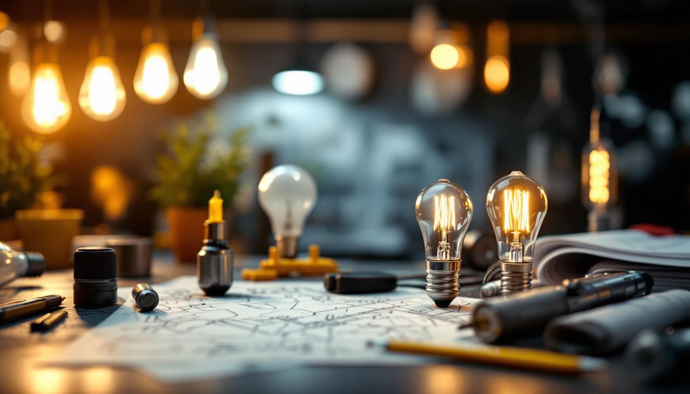A photograph of a well-lit workspace featuring various types of light bulbs