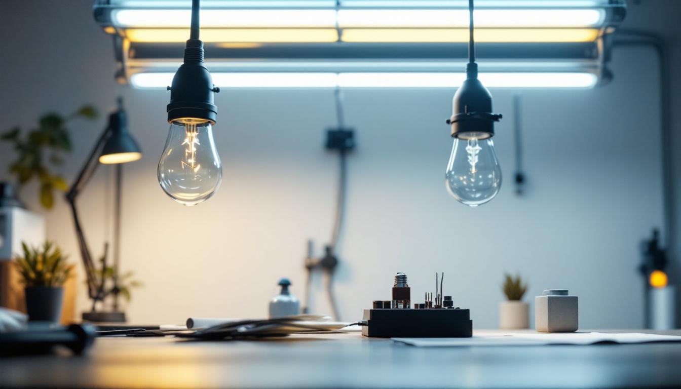 A photograph of a well-lit workspace showcasing a 4-bulb fluorescent ballast installation