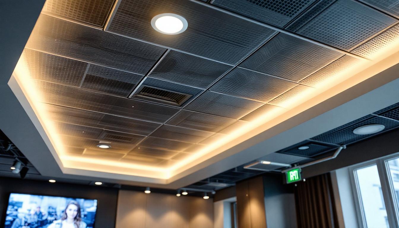 A photograph of a beautifully designed drop ceiling with recessed lighting installed