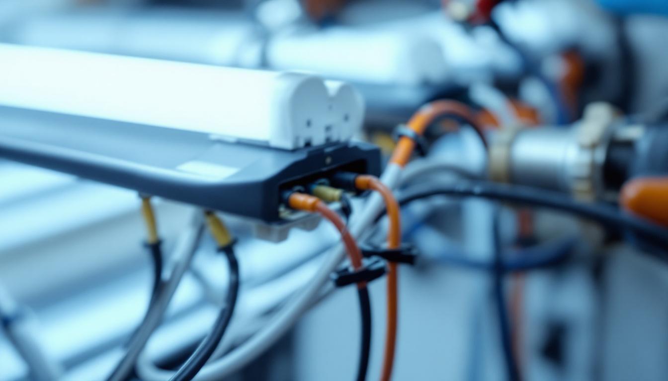 A photograph of a close-up of a fluorescent lamp being wired