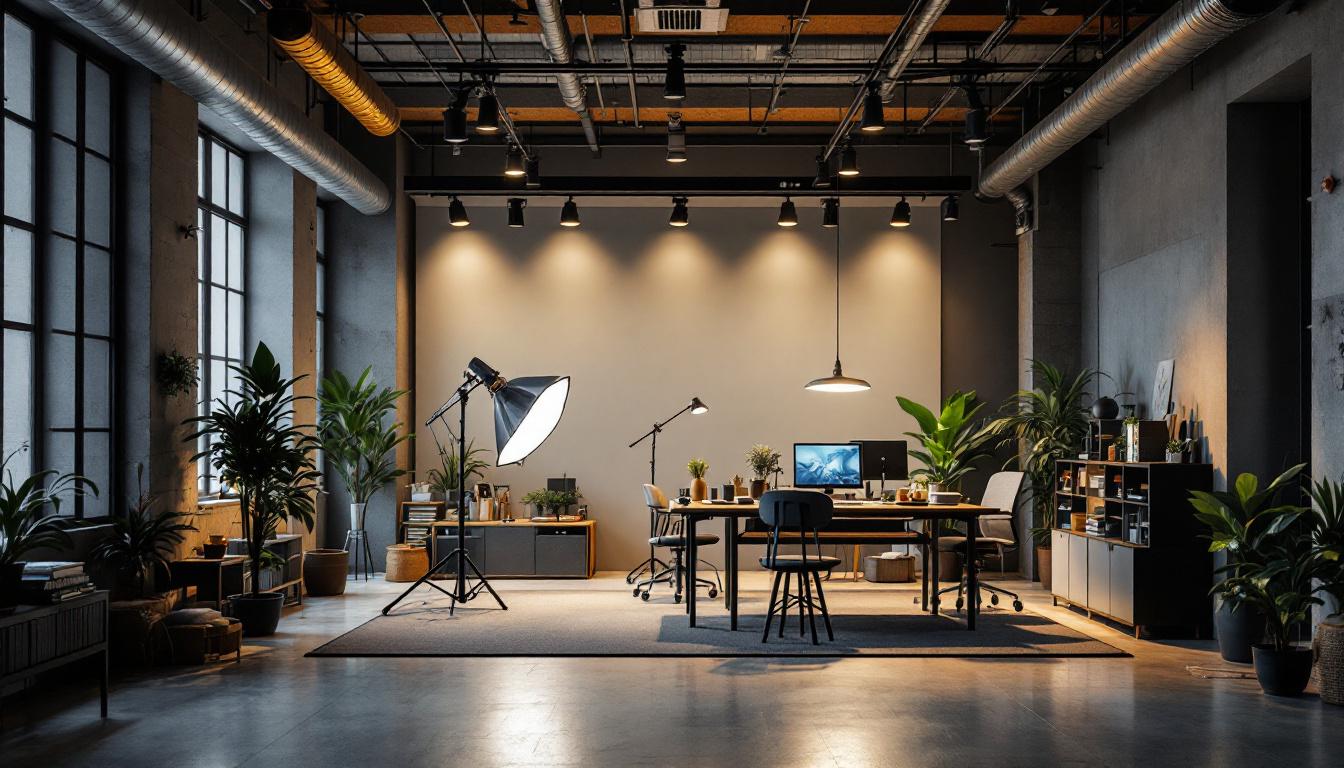 A photograph of a striking industrial lighting setup in a modern workspace