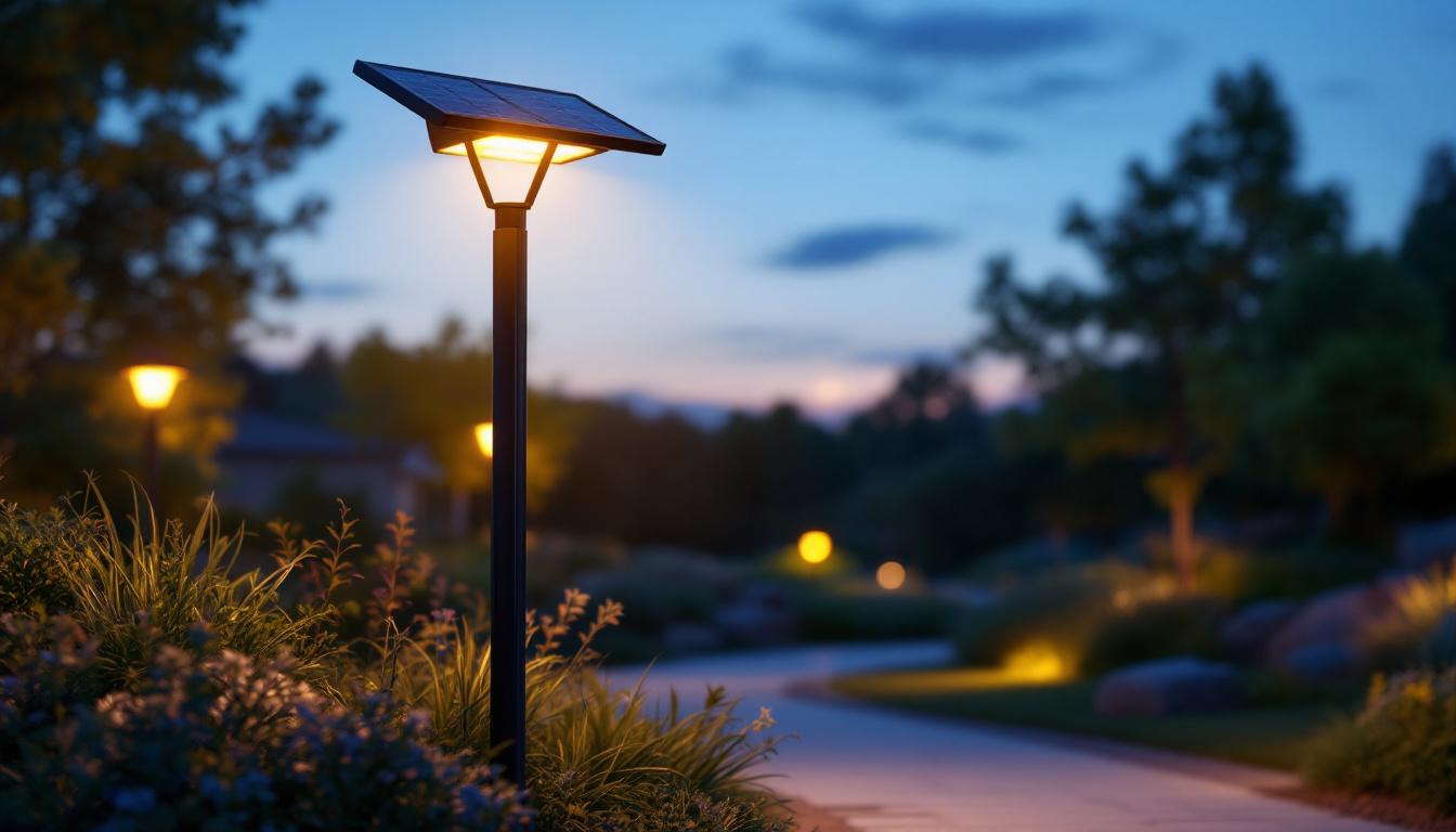A photograph of a beautifully illuminated solar post lamp in an outdoor setting