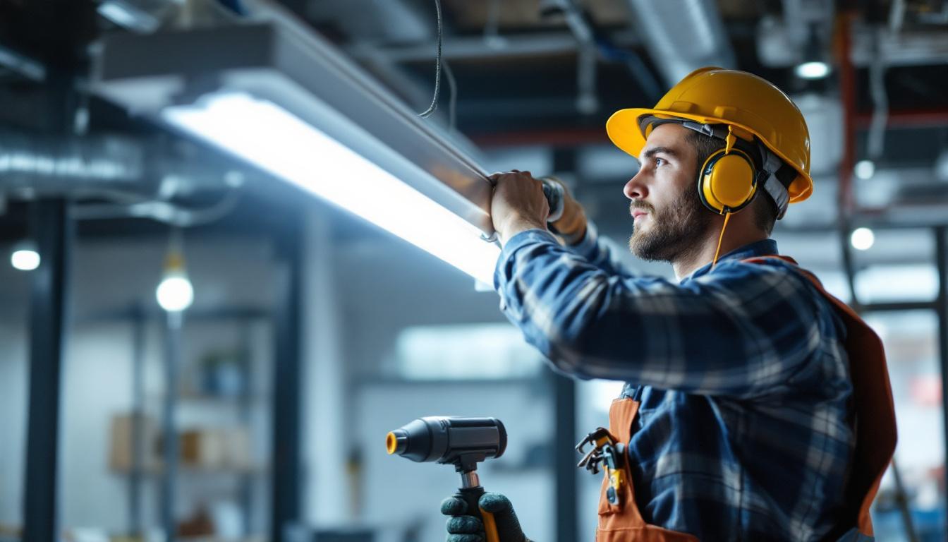 A photograph of a skilled electrician installing a fluorescent light fixture in a modern workspace