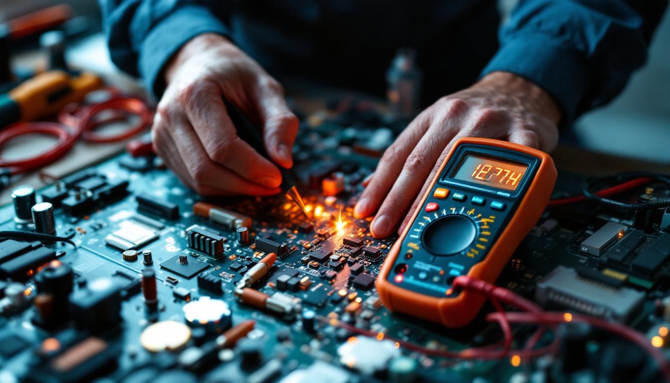 A photograph of a skilled electrical engineer working on a circuit board