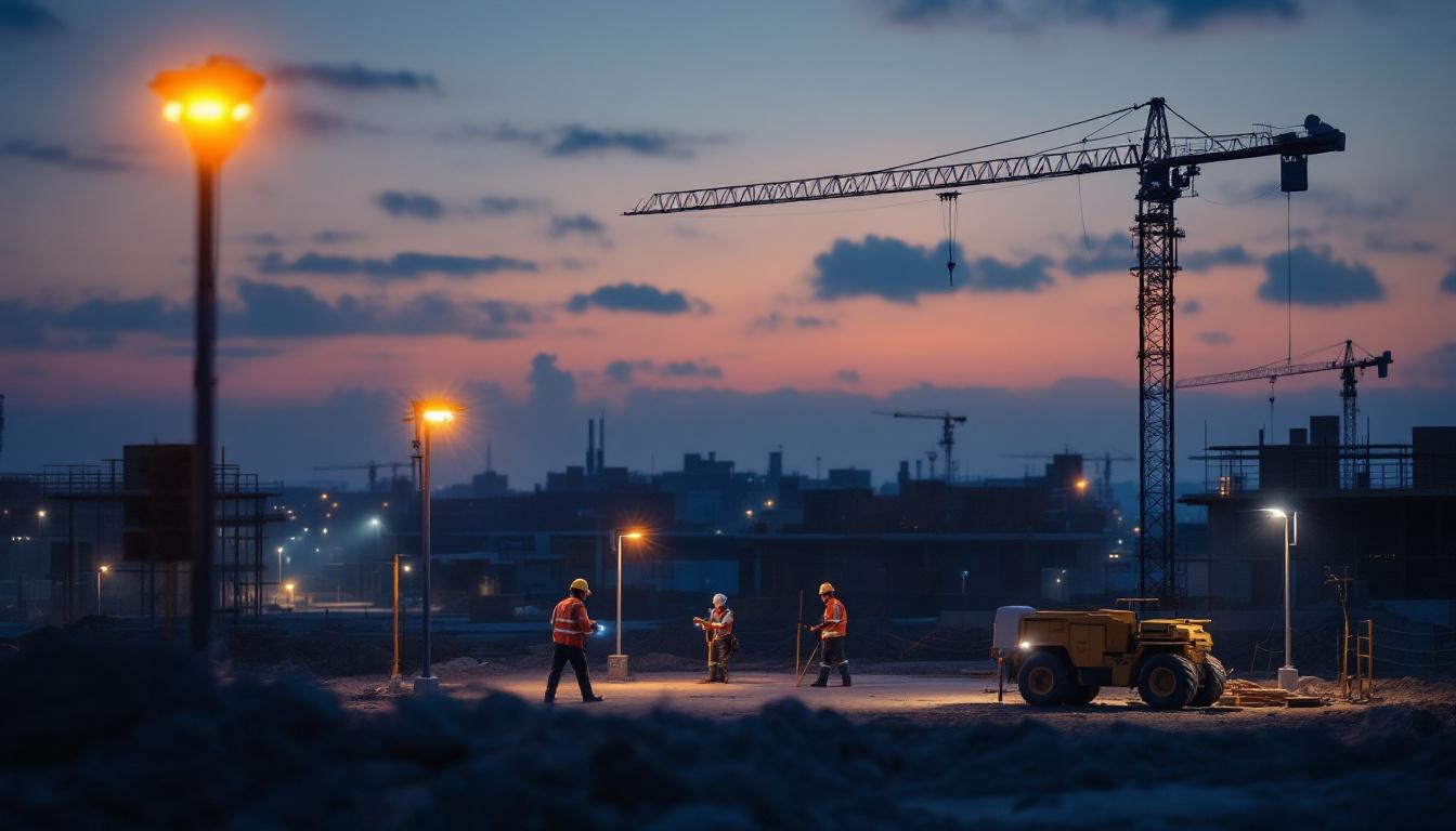 A photograph of a well-lit construction site at dusk