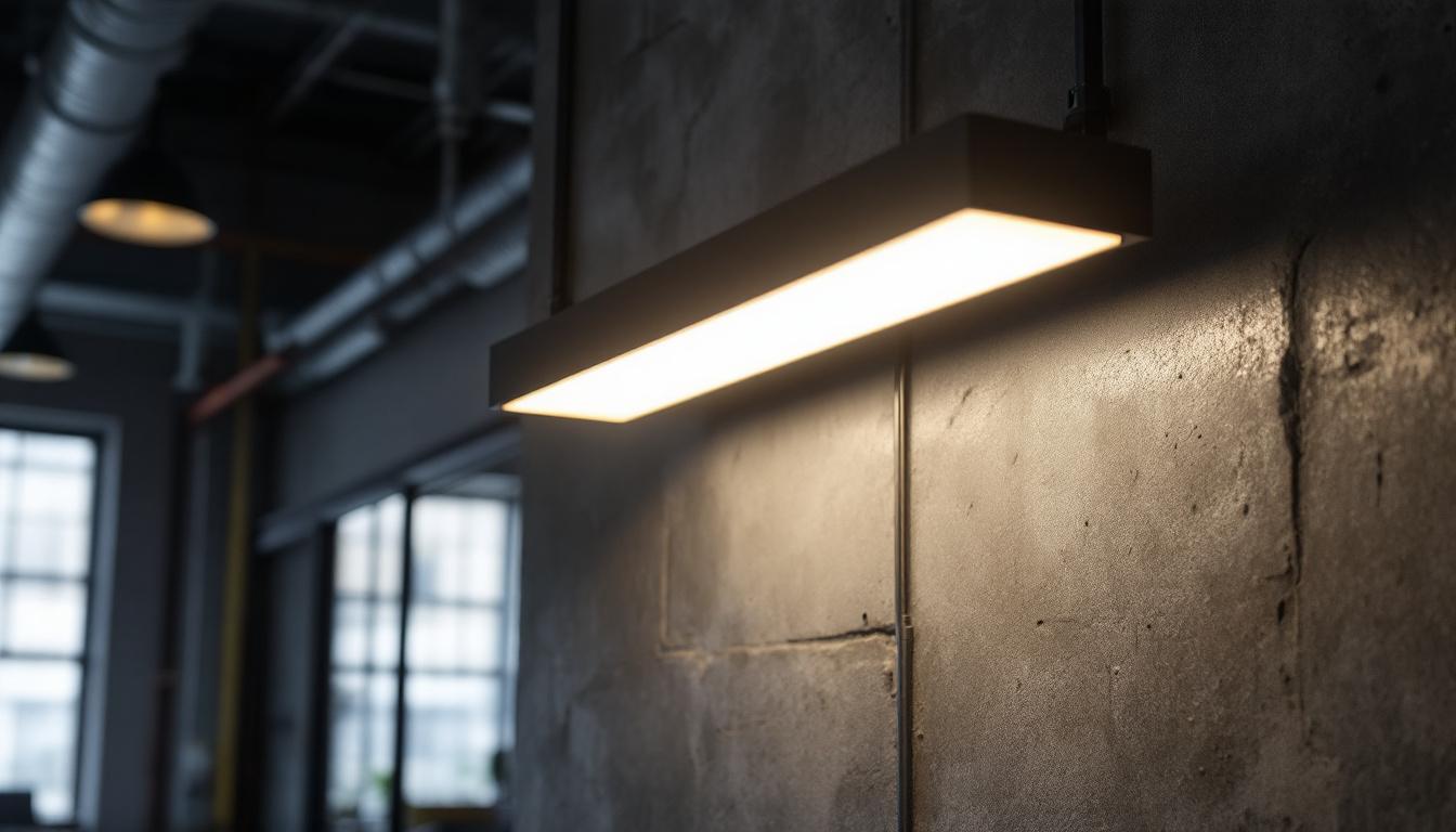 A photograph of a 4-foot led vapor-tight fixture installed in a commercial or industrial setting