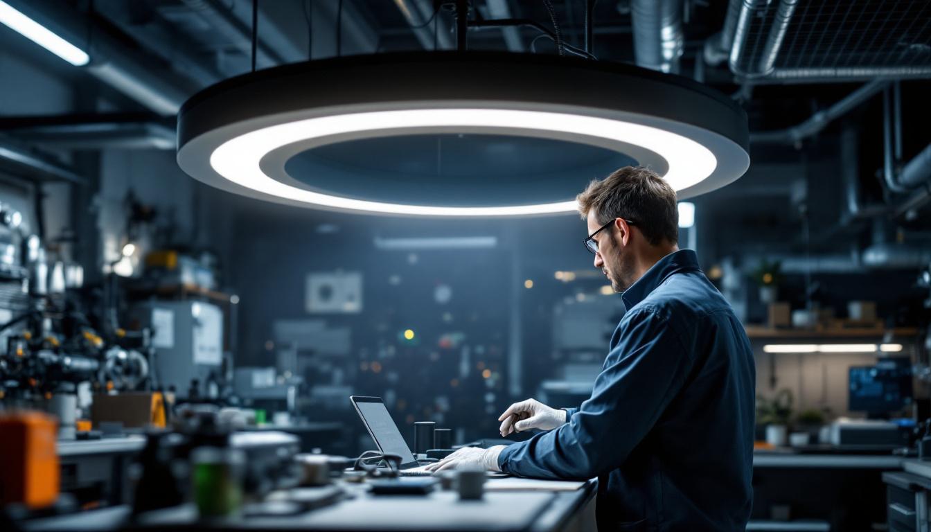 A photograph of a sleek black wafer light installation in a modern electrical engineering workspace