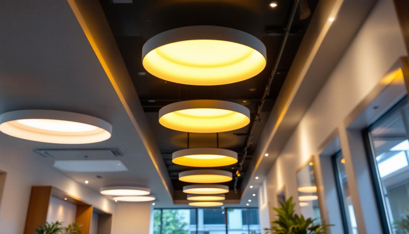 A photograph of a well-designed interior space featuring large recessed lighting fixtures that highlight the ambiance and functionality of the room