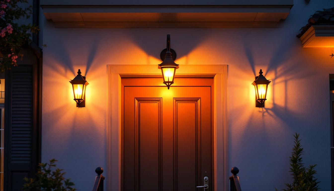 A photograph of a beautifully illuminated exterior above a door
