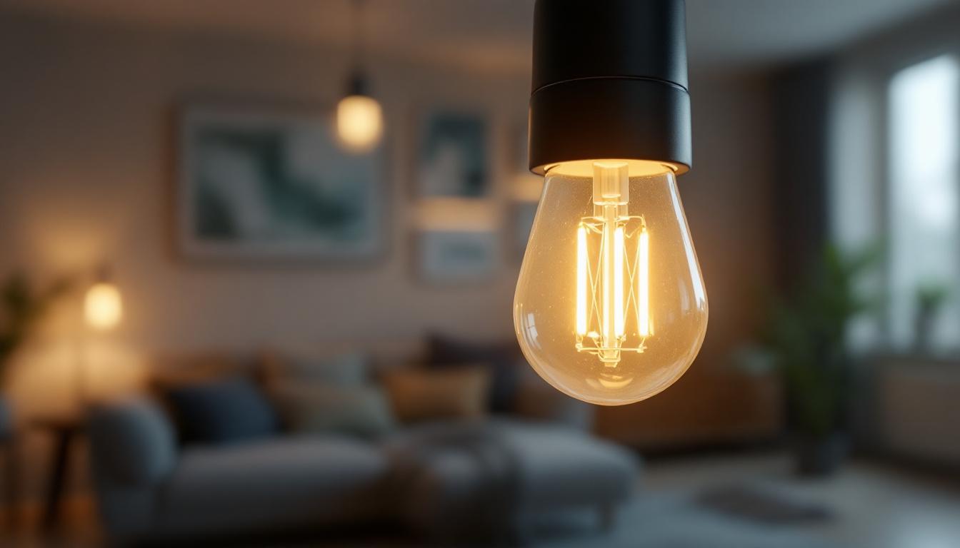 A photograph of a close-up of a led fluorescent replacement bulb illuminated in a modern lighting fixture