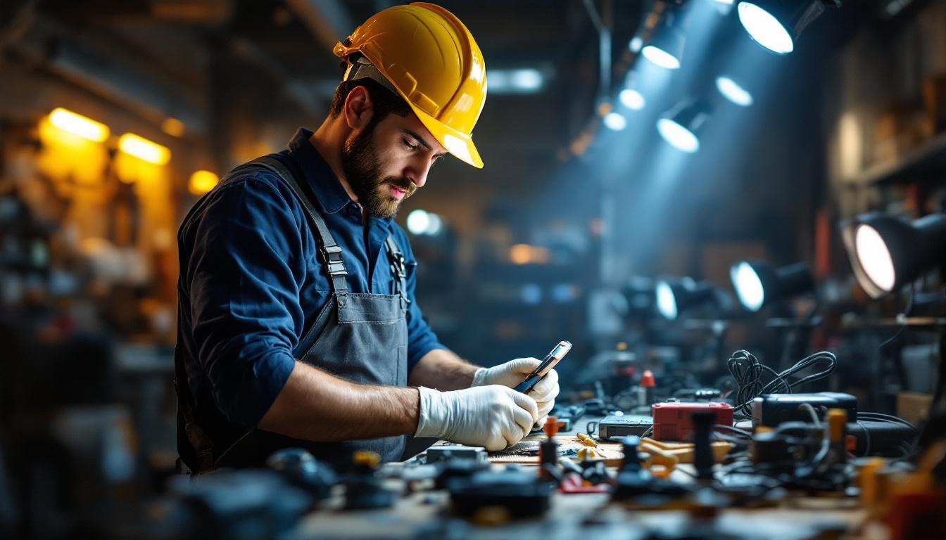 A photograph of an electrical engineer working in a shop setting