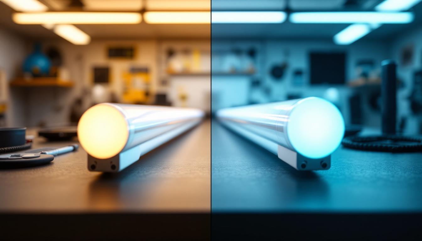 A photograph of a side-by-side comparison of t12 and t8 fluorescent tubes