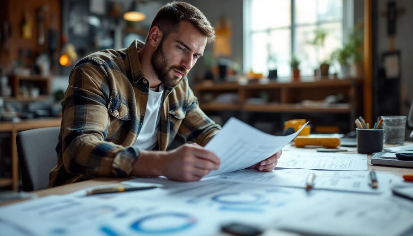 A photograph of a focused electrical engineer reviewing technical diagrams and certification documents in a well-lit office setting