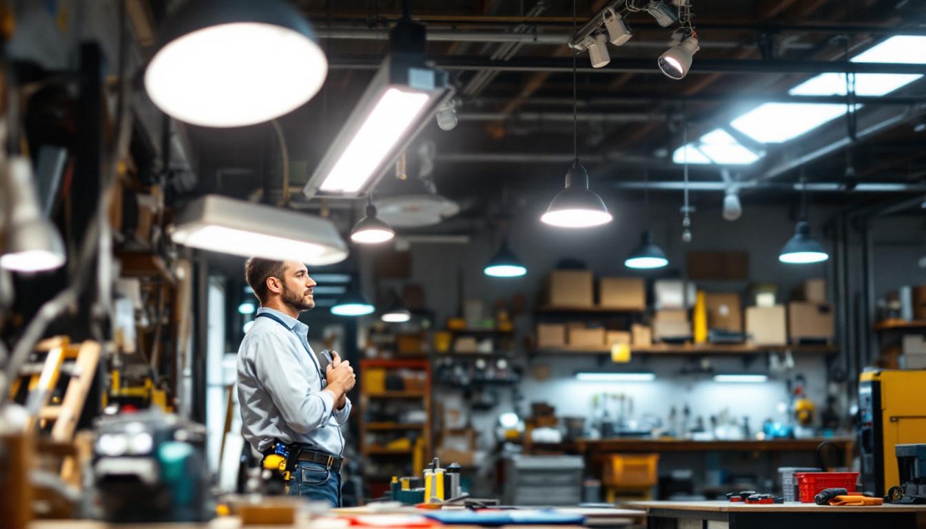 A photograph of a well-lit workshop featuring wall-mounted shop lights in action