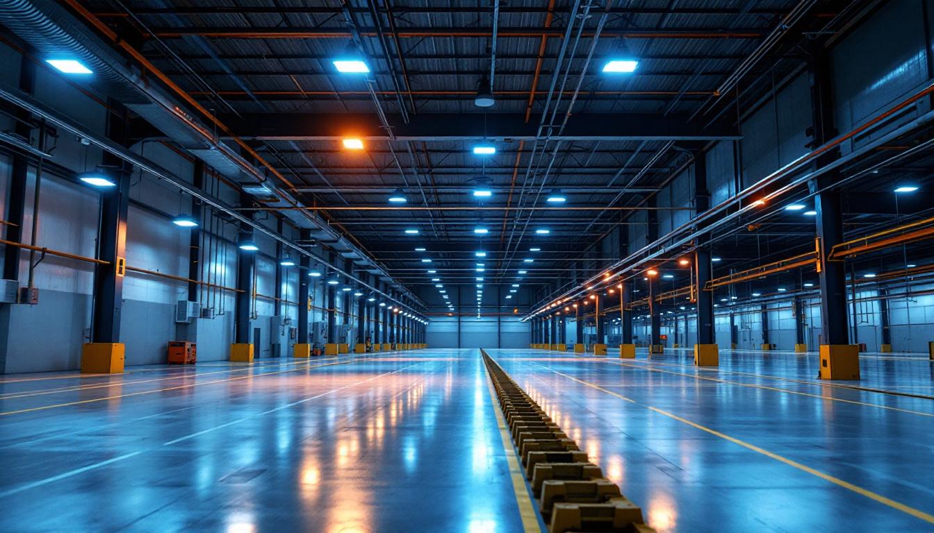 A photograph of a modern industrial space illuminated by low bay led lights