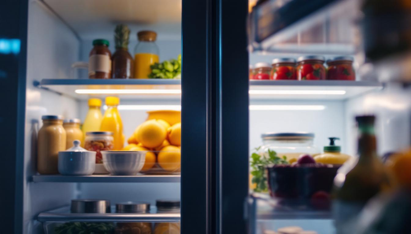 A photograph of a close-up shot of a modern refrigerator's led light illuminating its interior