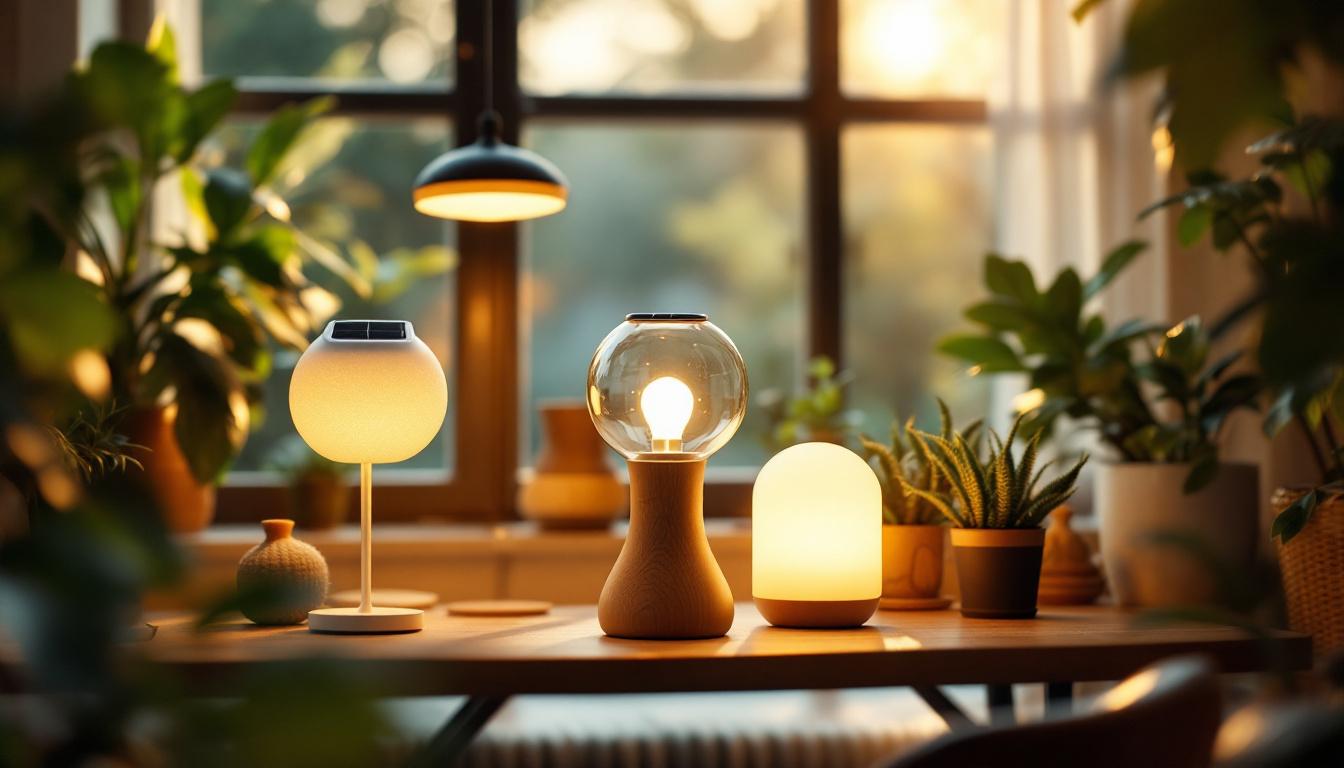 A photograph of a stylish indoor setting featuring modern solar-powered lamps