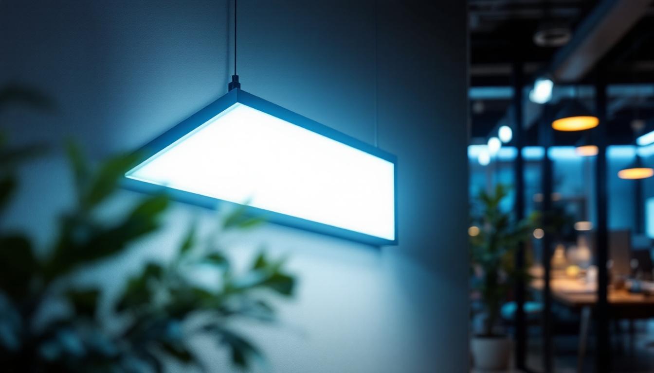 A photograph of a sleek 2x4 led light panel installed in a modern office or workspace