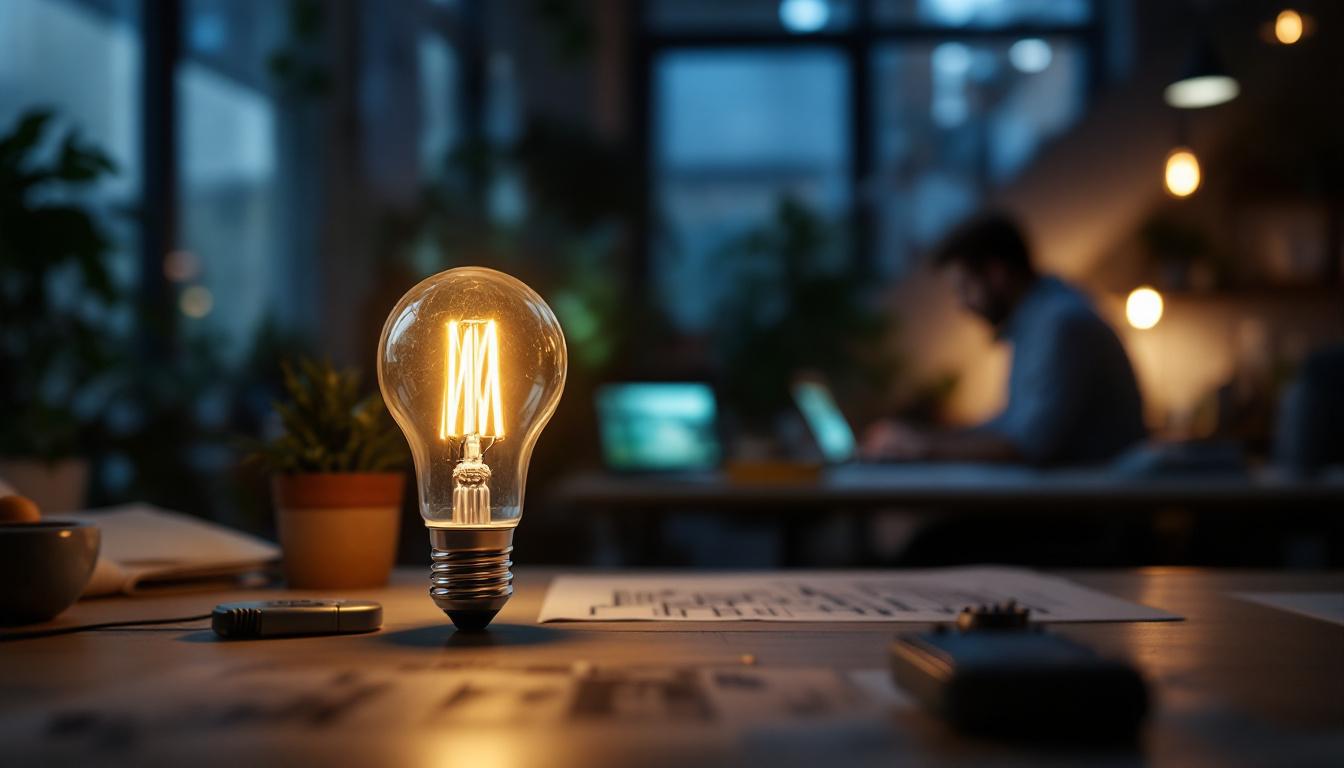 A photograph of a type t led bulb illuminated in a modern workspace
