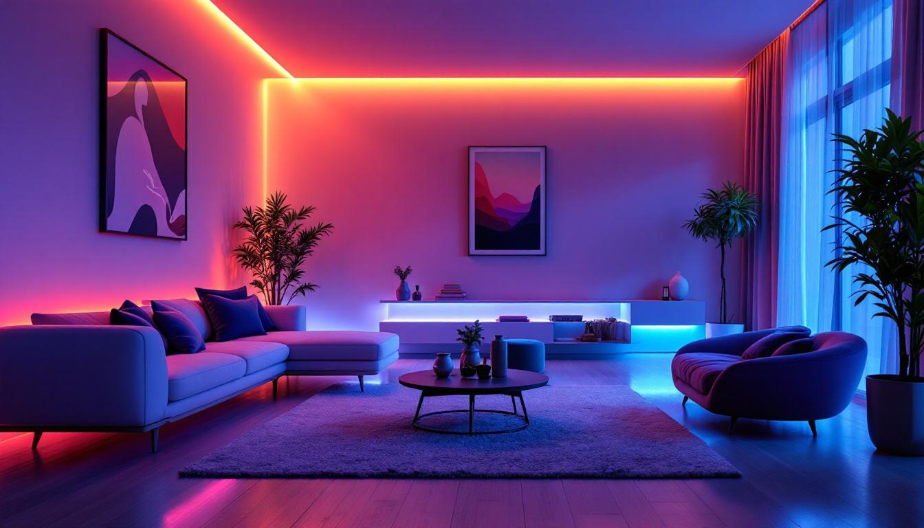 A photograph of a vibrant scene showcasing magnetic led strip lights elegantly illuminating a modern living space