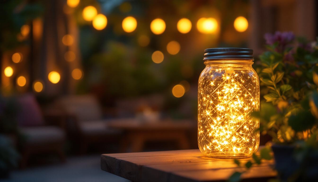 A photograph of a beautifully designed jelly jar outdoor light illuminating a cozy outdoor setting