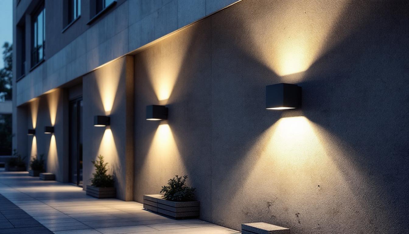 A photograph of a well-lit outdoor space showcasing various styles of wall pack lights installed on a building exterior
