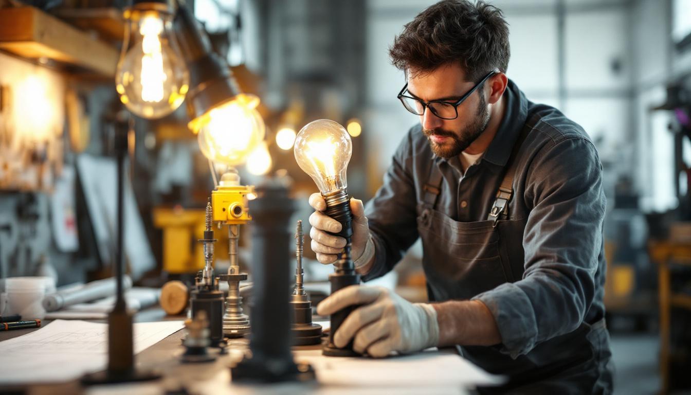 A photograph of a skilled electrical engineer examining a variety of light posts in a well-lit workshop