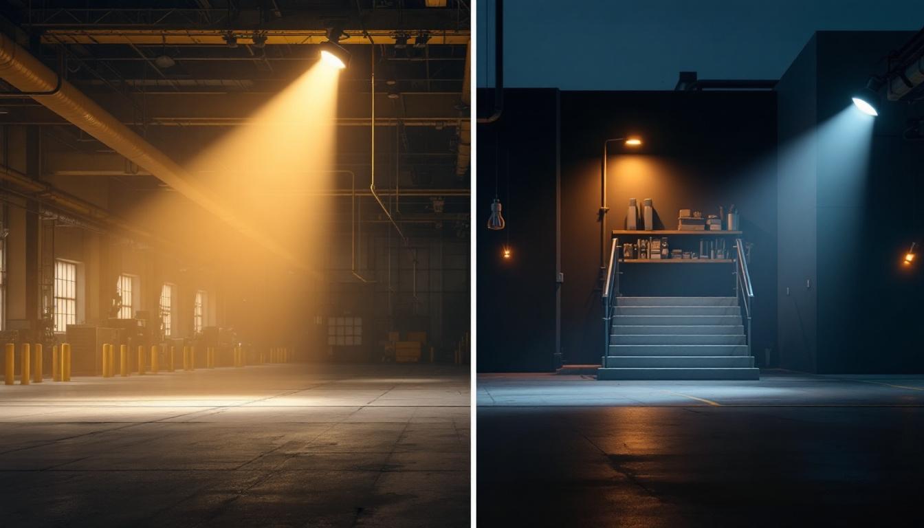 A photograph of a side-by-side comparison of industrial and commercial spaces illuminated by 150-watt led flood lights
