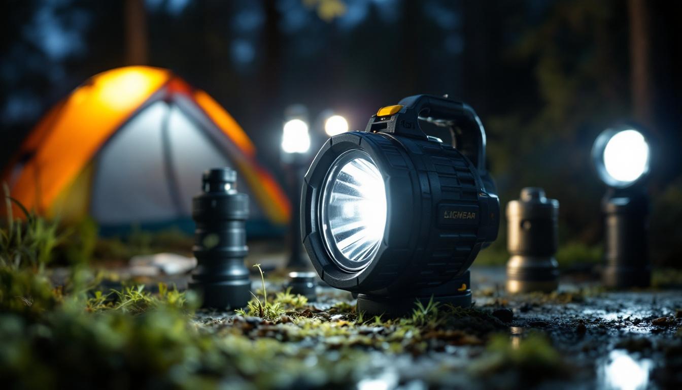 A photograph of a well-lit scene featuring various led portable lights in use